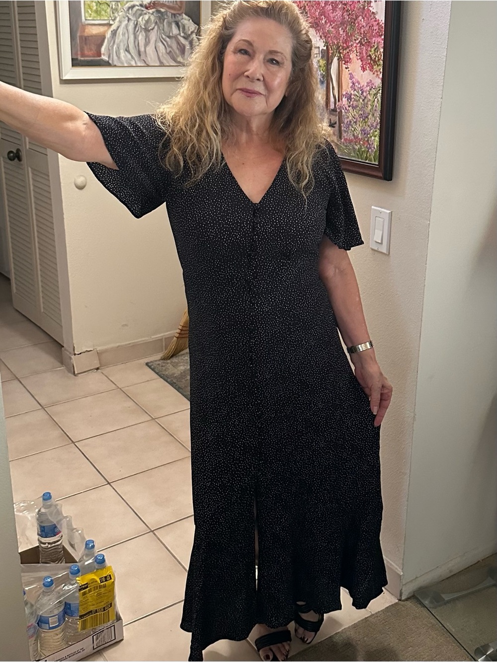 Express Black Maxi Dress with Subtle White Dot Print